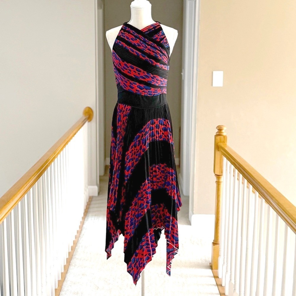 Proenza Schouler Pleated‎ Handkerchief Midi Dress Black Red Blue Animal Print 6